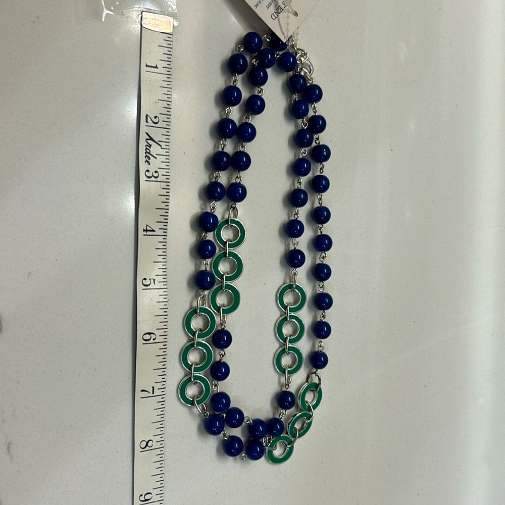 🌸NWT Land’s End Silver Plated Necklace w/Blue and Green Circles 34 inch length